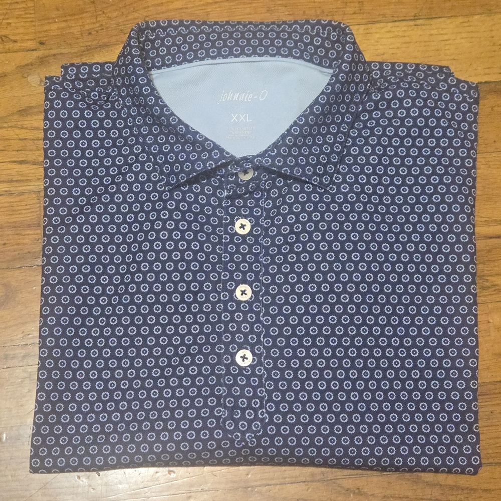 Johnnie-O Men' 2XL Blue White AOP Geometric Performance Stretch Golf Polo SS